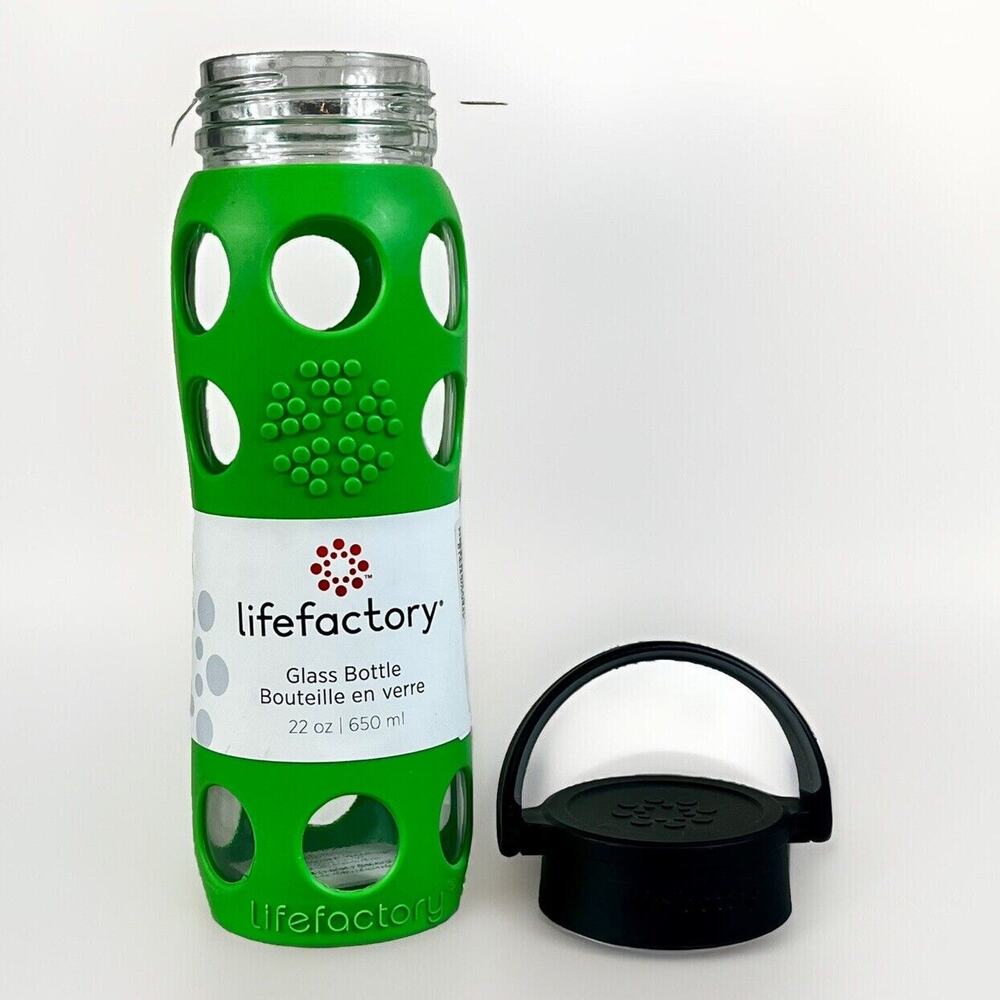 LIFEFACTORY 22 oz Glass Water Bottle With Silicone Sleeve Screw Top -Moss Green